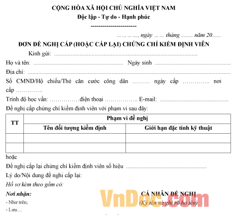 Mẫu đơn xin cấp, cấp lại chứng chỉ kiểm định viên