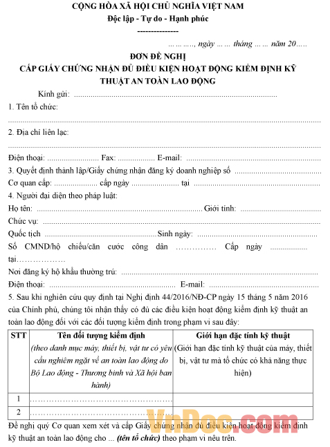 Mẫu đơn đề nghị cấp giấy chứng nhận đủ điều kiện hoạt động kiểm định kỹ thuật an toàn lao động