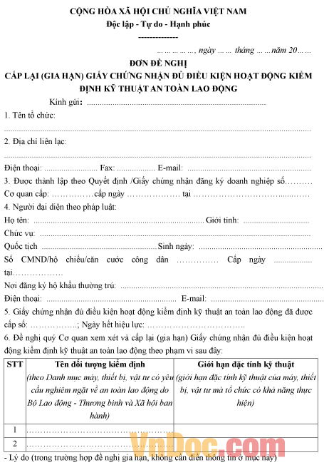 Mẫu đơn đề nghị cấp lại giấy chứng nhận đủ điều kiện hoạt động kiểm định kỹ thuật an toàn lao động