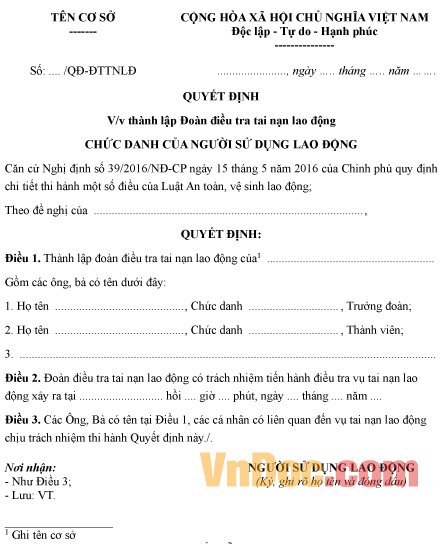 Mẫu quyết định thành lập đoàn điều tra tai nạn lao động