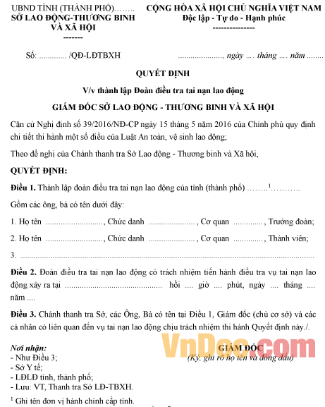Mẫu quyết định thành lập đoàn điều tra tai nạn lao động cấp tỉnh