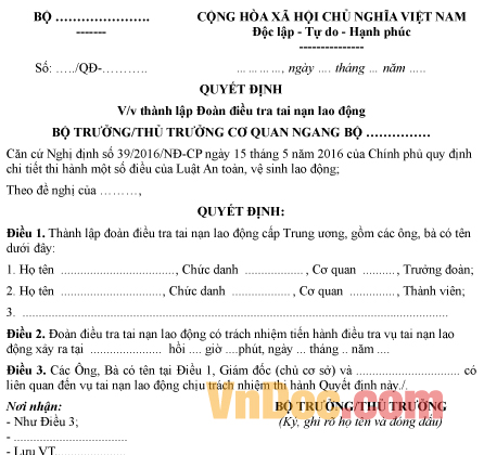 Mẫu quyết định thành lập đoàn điều tra tai nạn lao động