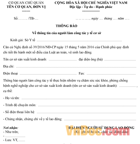 Mẫu thông báo thông tin cơ sở khám, chữa bệnh chăm sóc quản lý sức khỏe người lao động