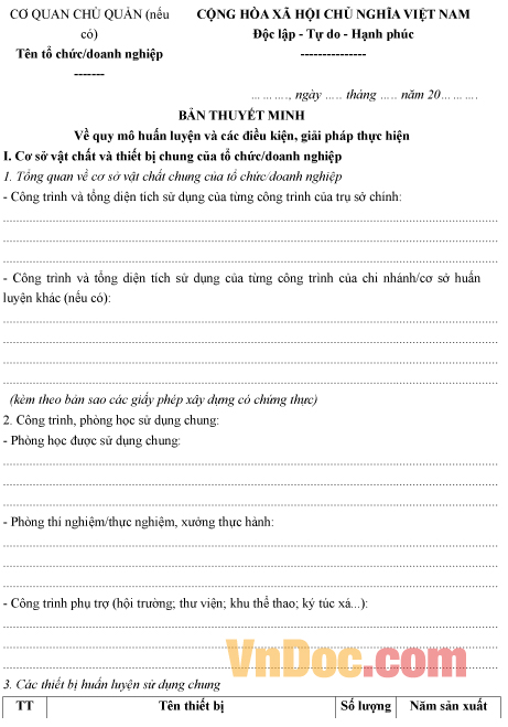 Mẫu bản thuyết minh quy mô huấn luyện và điều kiện giải pháp thực hiện an toàn vệ sinh lao động