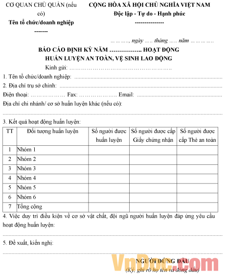 Mẫu báo cáo định kỳ về hoạt động huấn luyện an toàn vệ sinh lao động