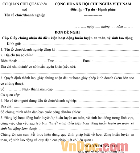 Mẫu đơn xin cấp giấy chứng nhận đủ điều kiện huấn luyện an toàn vệ sinh lao động