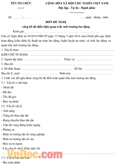 Mẫu đơn xin công bố đủ điều kiện quan trắc môi trường lao động