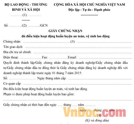 Mẫu giấy chứng nhận về việc đủ điều kiện hoạt động huấn luyện an toàn vệ sinh lao động