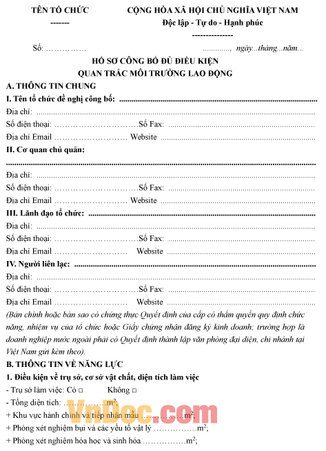 Mẫu hồ sơ công bố về việc đủ điều kiện quan trắc môi trường lao động