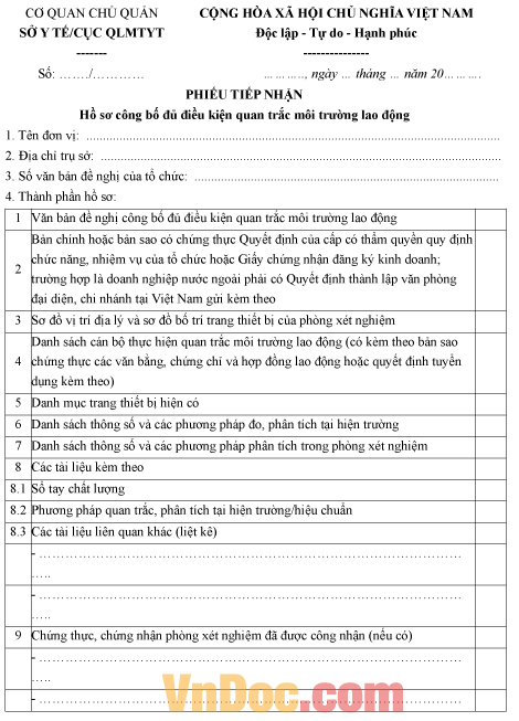 Mẫu phiếu tiếp nhận hồ sơ về việc công bố đủ điều kiện quan trắc môi trường lao động