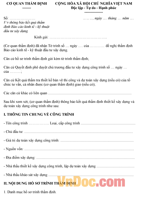 Mẫu thông báo về kết quả thẩm định báo cáo kinh tế - kỹ thuật đầu tư xây dựng