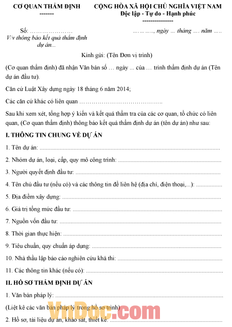 Mẫu thông báo kết quả thẩm định dự án công trình