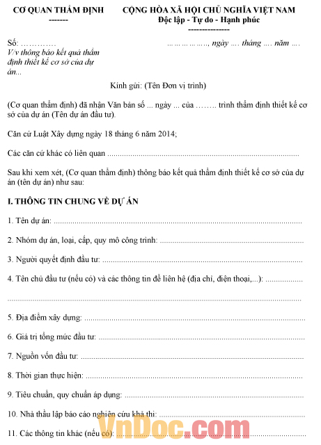 Mẫu thông báo kết quả thẩm định thiết kế cơ sở của dự án công trình