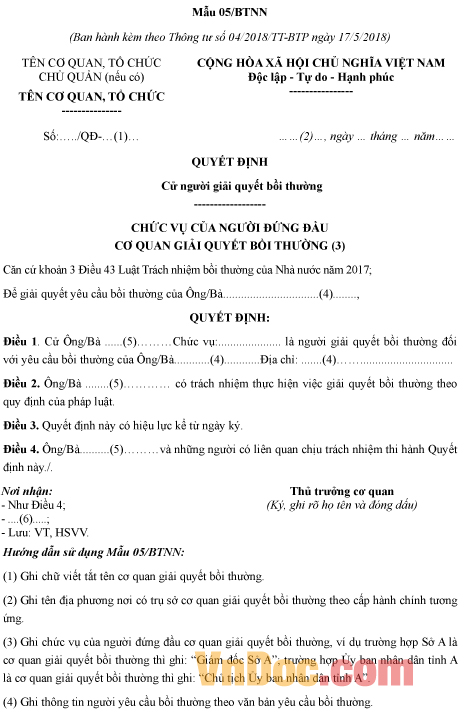 Mẫu 05/BTNN: Quyết định cử người giải quyết bồi thường