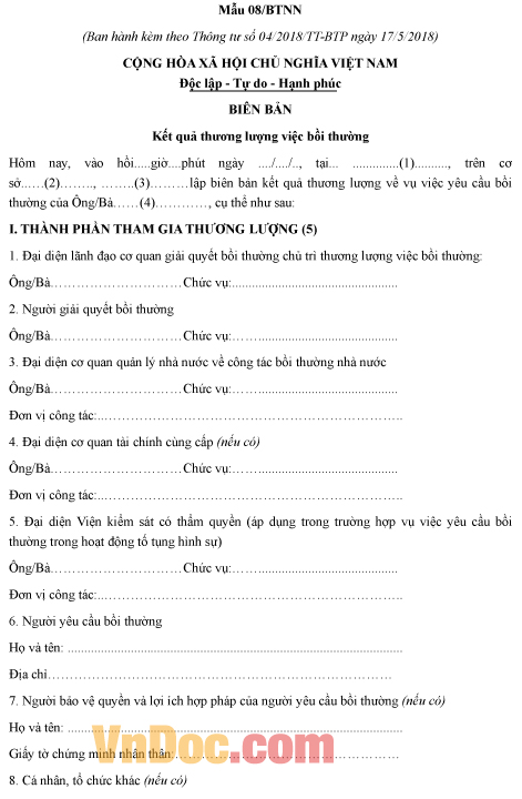 Mẫu biên bản ghi chép kết quả thương lượng việc bồi thường