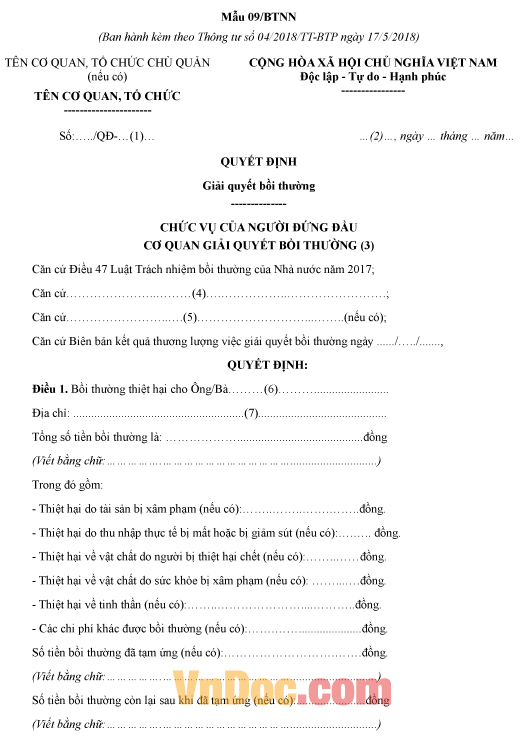 Mẫu quyết định giải quyết bồi thường