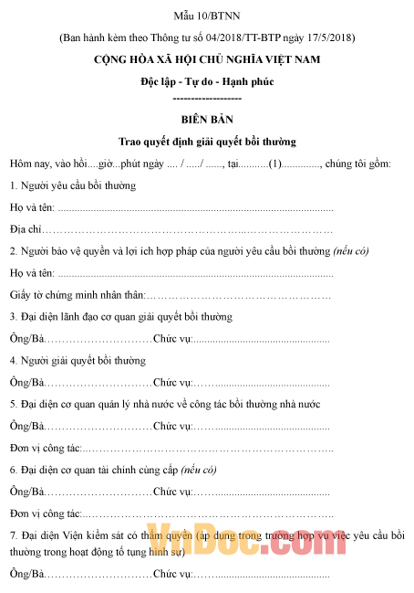 Mẫu biên bản ghi chép trao quyết định giải quyết bồi thường