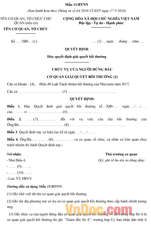 Mẫu quyết định về việc hủy quyết định giải quyết bồi thường