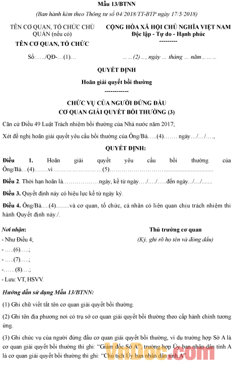 Mẫu quyết định về việc hoãn giải quyết bồi thường