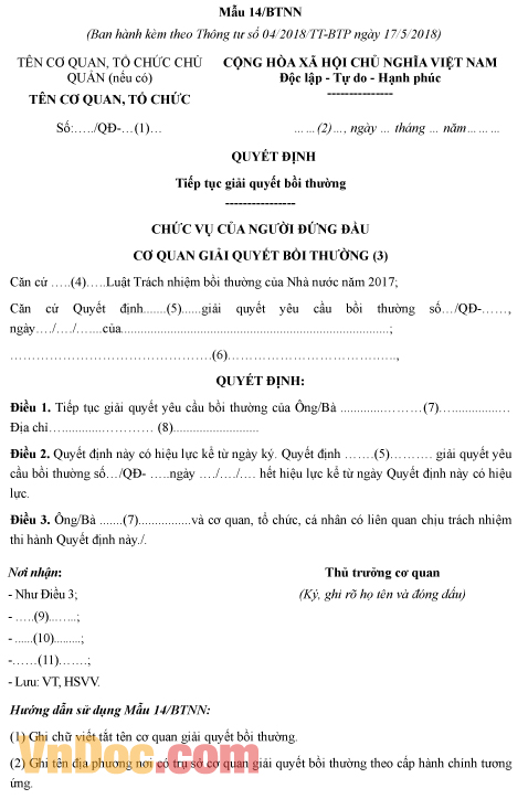 Mẫu quyết định về việc tiếp tục giải quyết bồi thường