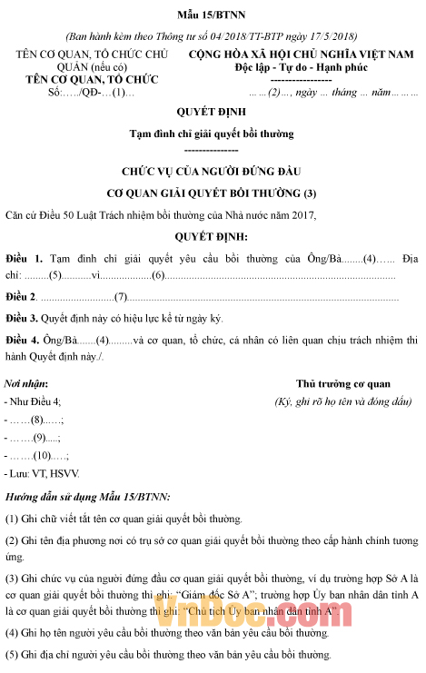 Mẫu quyết định về việc tạm đình chỉ giải quyết bồi thường