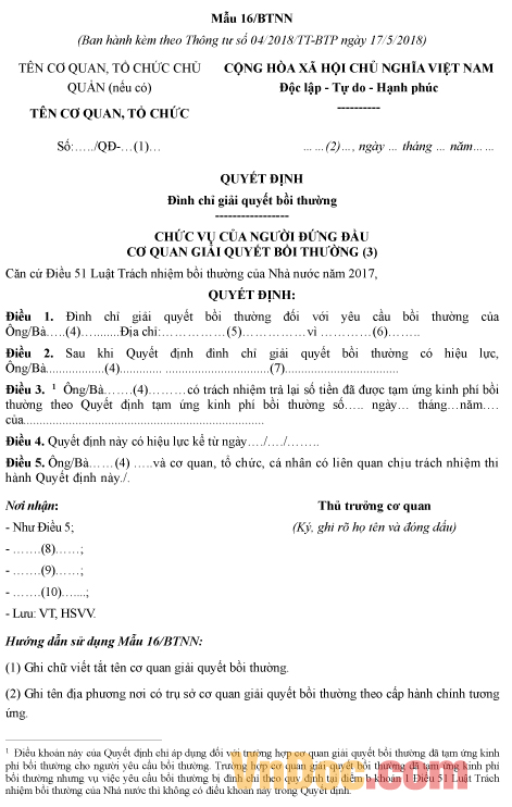 Mẫu quyết định về việc đình chỉ giải quyết bồi thường