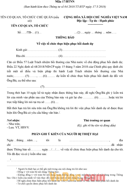 Mẫu thông báo về việc tổ chức thực hiện phục hồi danh dự