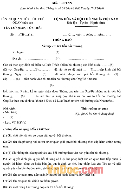 Mẫu thông báo về việc chi trả tiền bồi thường