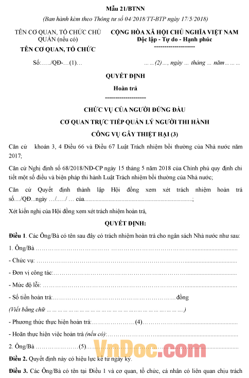 Mẫu quyết định về việc hoàn trả