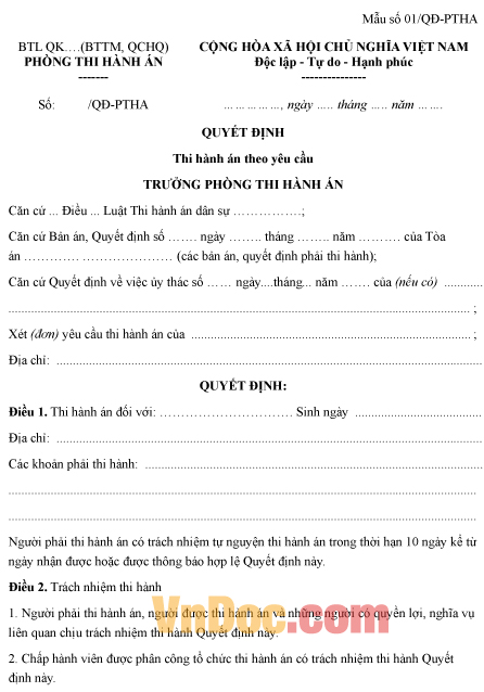 Mẫu quyết định thi hành án theo yêu cầu