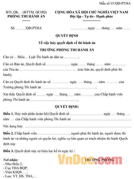 Mẫu quyết định về việc hủy quyết định về thi hành án