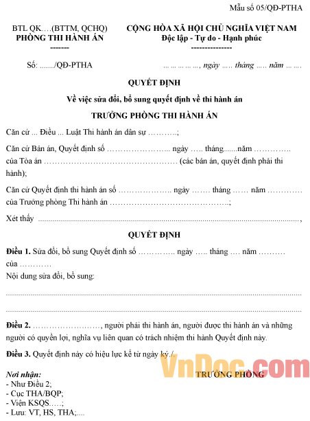 Mẫu quyết định về việc sửa đổi bổ sung quyết định thi hành án