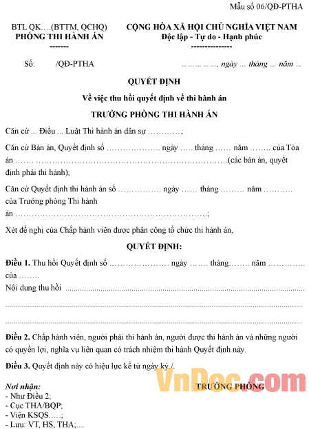 Mẫu quyết định về việc thu hồi quyết định thi hành án