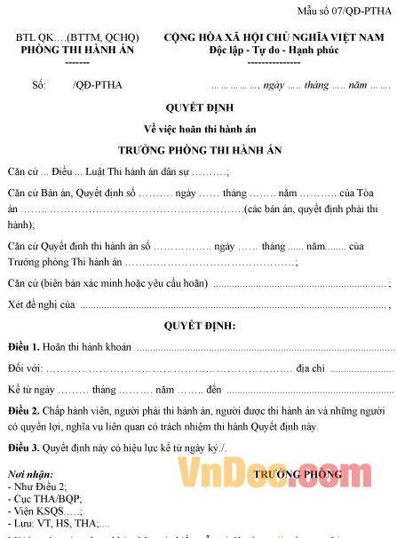 Mẫu quyết định về việc hoãn thi hành án