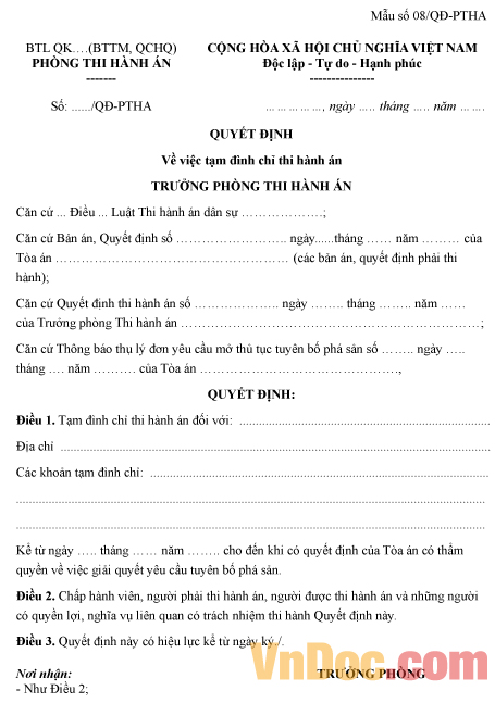 Mẫu quyết định về việc tạm đình chỉ thi hành án