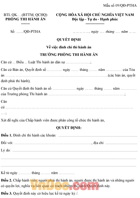 Mẫu quyết định về việc đình chỉ thi hành án