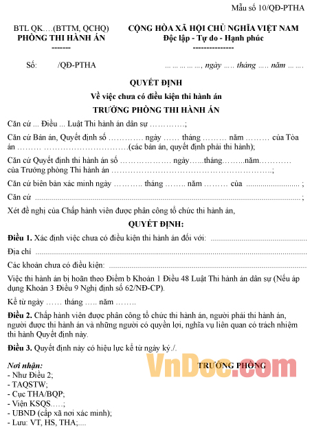 Mẫu quyết định về việc chưa có điều kiện thi hành án