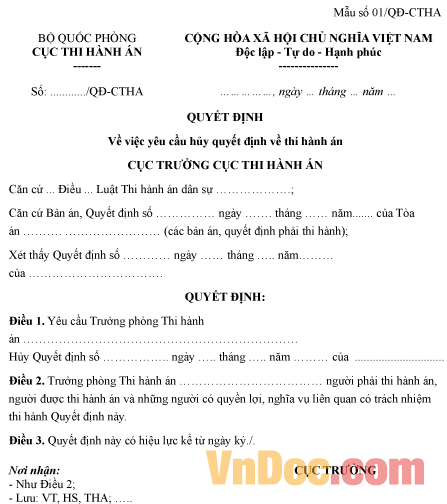 Mẫu quyết định về việc yêu cầu hủy quyết định thi hành án