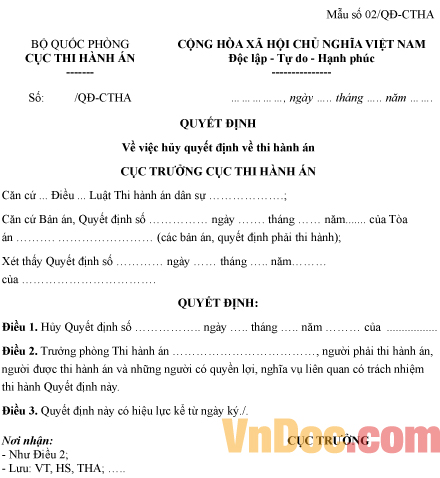 Mẫu quyết định về việc hủy quyết định về thi hành án