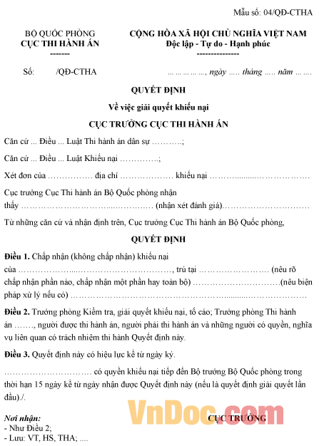 Mẫu quyết định về việc giải quyết khiếu nại