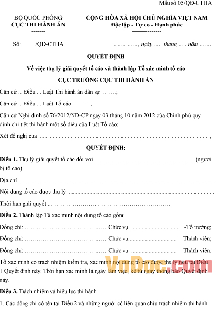 Mẫu quyết định về việc thụ lý giải quyết tố cáo và thành lập tổ xác minh tố cáo