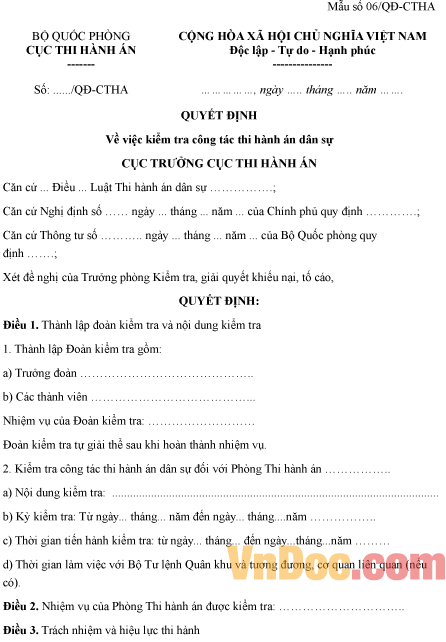 Mẫu quyết định về việc kiểm tra công tác thi hành án dân sự