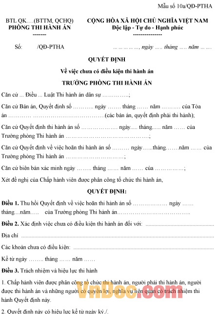 Mẫu quyết định về việc chưa có điều kiện thi hành án