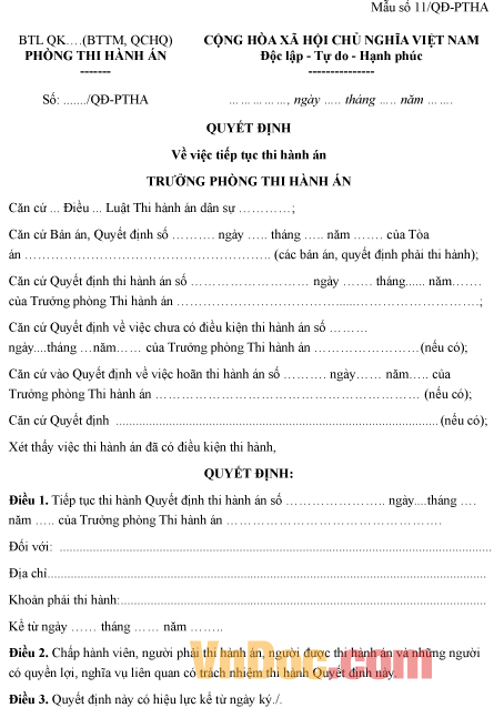 Mẫu quyết định về việc tiếp tục thi hành án