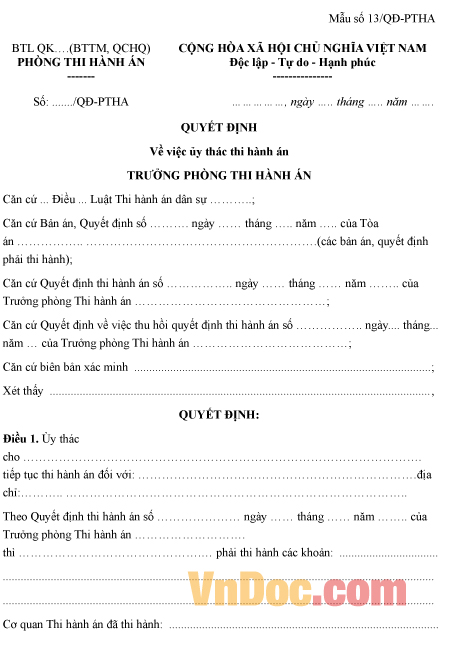 Mẫu quyết định về việc ủy thác thi hành án