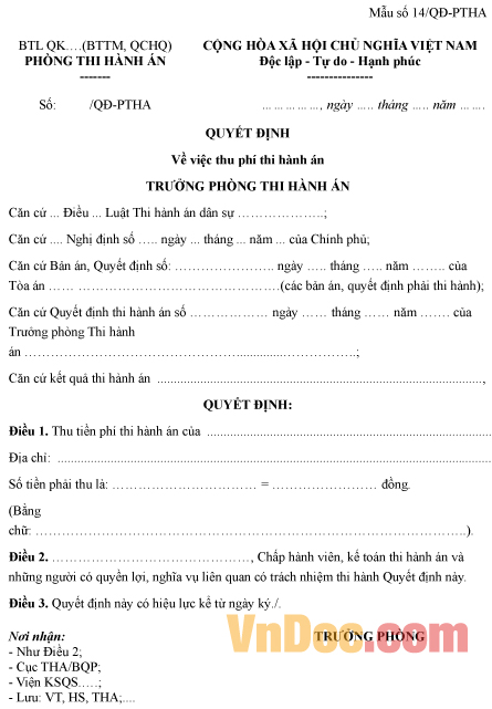 Mẫu quyết định về việc thu phí thi hành án