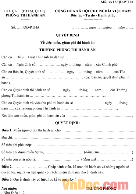 Mẫu quyết định về việc miễn, giảm phí thi hành án