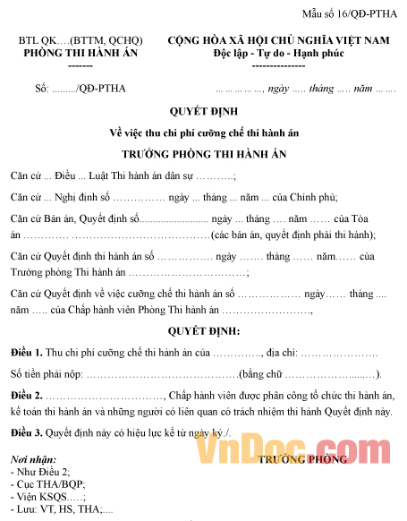 Mẫu quyết định về việc thu chi phí cưỡng chế thi hành án