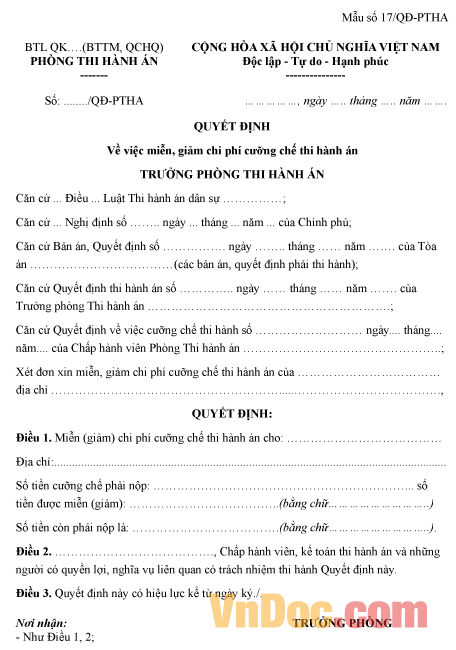 Mẫu quyết định về việc miễn, giảm chi phí cưỡng chế thi hành án