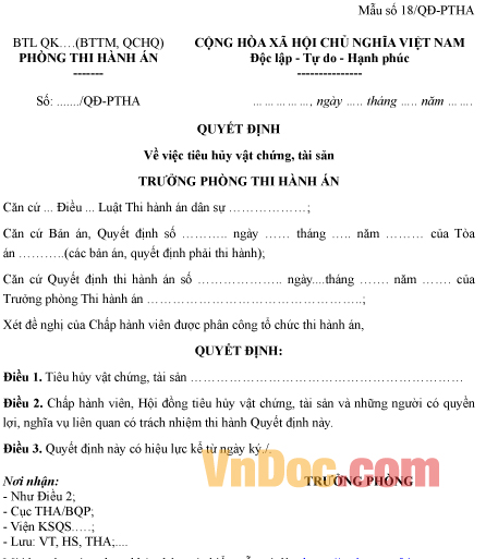 Mẫu quyết định về việc tiêu hủy vật chứng, tài sản